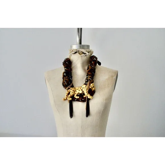 Articulated Leopard Pendant Necklace Scarf Black Acrylic Link Chain and Tassels
